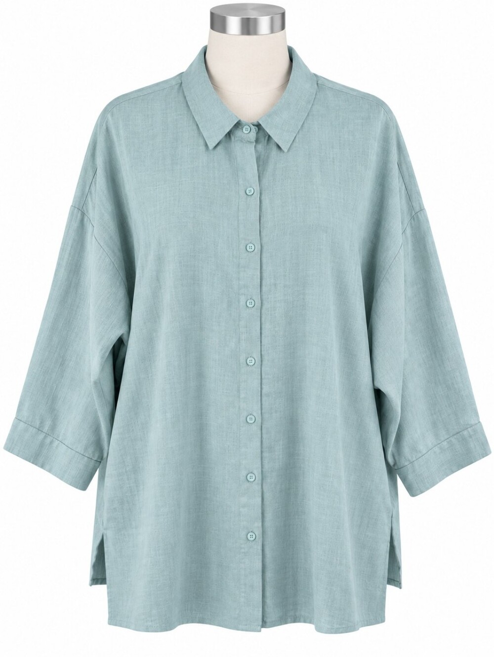 EILEEN FISHER Muted Green Organic Linen Lagenlook Tunic Button Down Shirt Top 2X